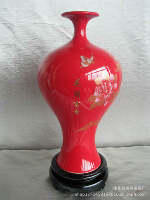 【中国红牡丹美人瓶 陶瓷 全手工水墨画 陶瓷花瓶 礼品 工艺品】价格,厂家,图片,陶瓷工艺品,德化县侨兴瓷雕厂-